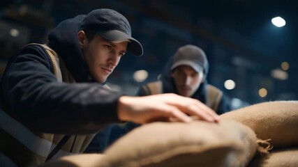 Workers stacking and loading goods onto trucks, realistic industrial scene emphasizing distribution processes, cargo preparation, and transport efficiency. cinematic color correction, natural