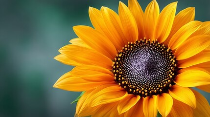 Obraz premium Closeup of Vibrant Sunflower with Detailed Center and Bright Yellow Petals, Captured in Natural Light, Ideal for Nature and Floral Themes with Copy Space