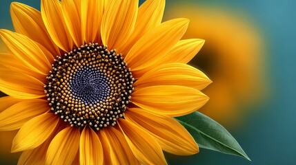 Fototapeta premium Closeup of vibrant sunflower with intricate seed patterns and bright yellow petals, showcasing natural beauty against a soft blurred background with copy space for design