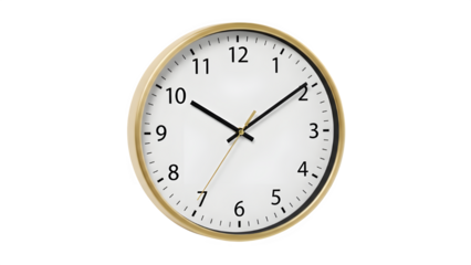 Wall clock with gold frame isolated on transparent background