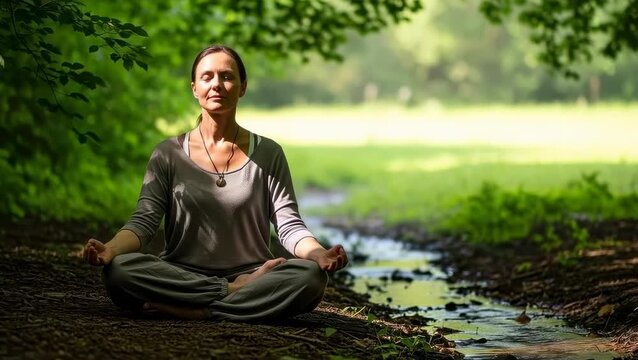 Meditation practice by a stream in a green park during the day