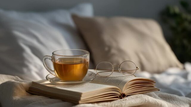 A bedside tray holding a hardcover book, herbal tea, and reading glasses under soft evening light, symbolizing mindful routines, relaxation, and intentional living. cinematic color correction,
