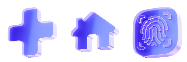 Set 3D Glass medical home and biometric icons isolated on transparent background, concept of healthcare living security authentication. Transparent Liquid Glass icon. 3D rendering.