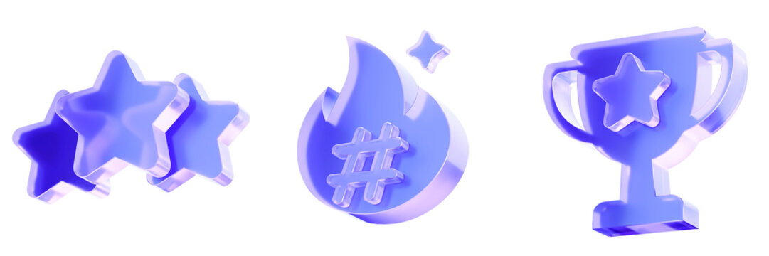 Set 3D Glass rating stars and trophy symbols isolated on transparent background, concept of achievement award success. Transparent Liquid Glass icon. 3D rendering.