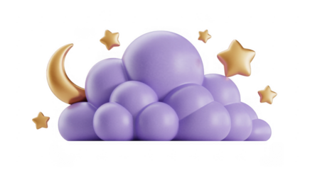 Purple Cloud with Gold Moon and Stars night sky dreamy isolated on a transparent background