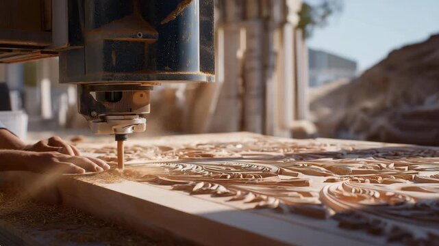 A CNC wood router carving intricate patterns into hardwood panels, combining digital fabrication with traditional craftsmanship. cinematic color correction, natural uneven lighting yet gentle