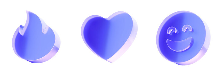 Set 3D Glass social interaction icons isolated on transparent background, concept of user engagement, emotions, and online feedback. Transparent Liquid Glass icon. 3D rendering.