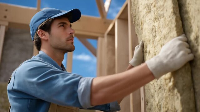 A construction worker fitting thick sheets of mineral wool insulation between wooden studs, showcasing the dense, fire-resistant material that boosts home energy efficiency. cinematic color