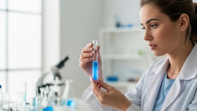 Scientist examines liquid in test tube in laboratory with bright lights and equipment