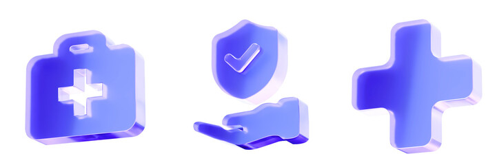 Set 3D Glass medical support and assistance icon isolated on transparent background, concept of healthcare protection help service and add action. Transparent Liquid Glass icon. 3D rendering.