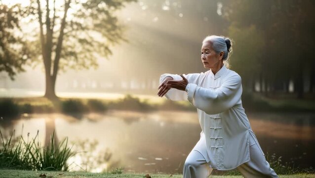 Elderly woman practices tai chi in a park during early morning light by a tranquil water body surrounded by trees
