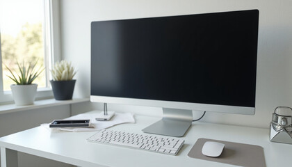 Modern Workspace Setup with Desktop Computer on White Table Near Window