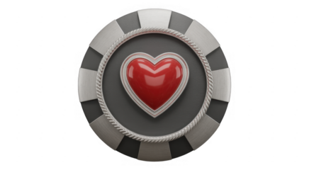 Red heart on silver poker chip love isolated on a transparent background