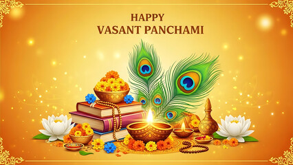 Happy Vasant Panchami celebration with books peacock feathers and diyas