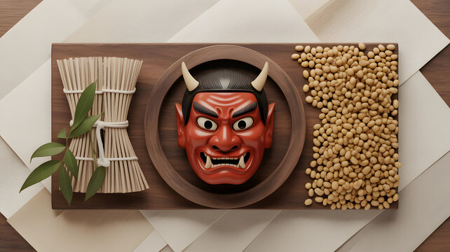 Setsubun festival arrangement with demon mask, soybeans, and tied sticks.