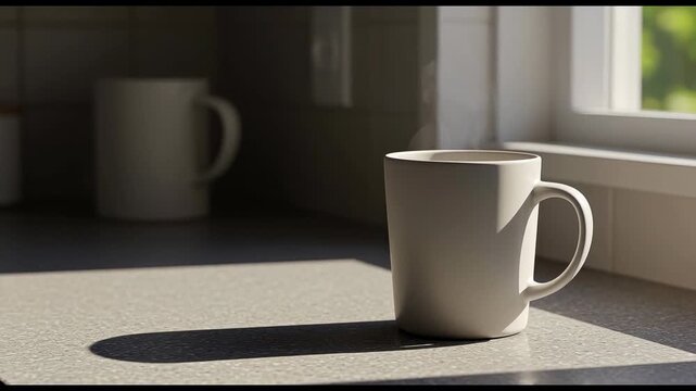 Ceramic mug on countertop with natural sunlight and shadows