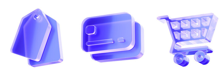 Set 3D Glass shopping cart payment card and price tag icon isolated on transparent background, concept of online shopping ecommerce checkout and retail pricing. Transparent Liquid Glass icon. 3D rende