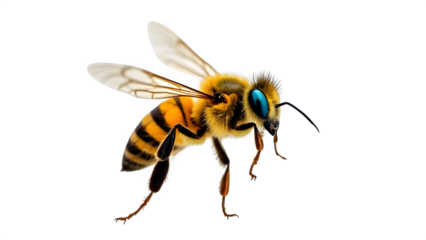 Close-up of a flying honey bee isolated on transparent background