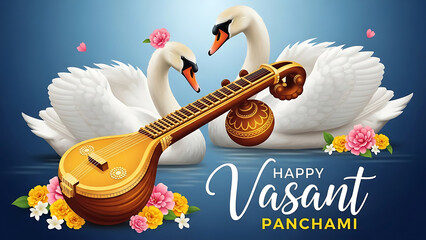 Two swans near veena and flowers on blue background