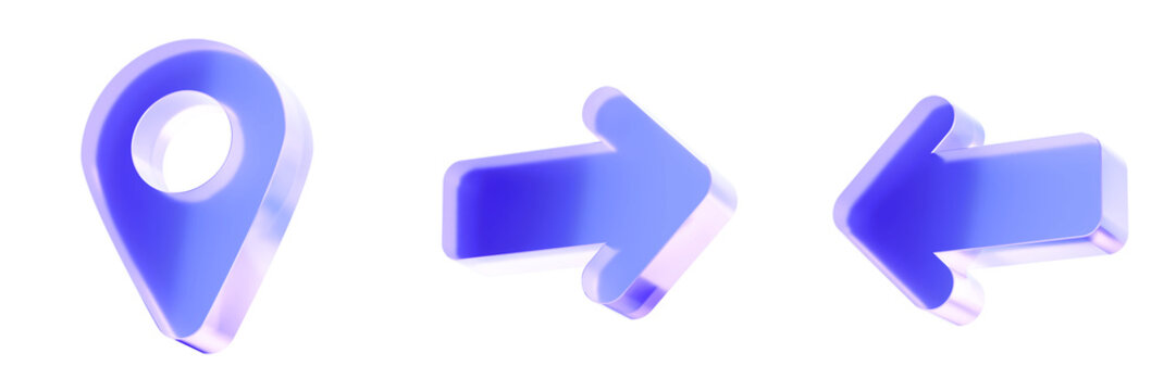 Set 3D Glass navigation map pin arrow icon isolated on transparent background, concept of direction and location pointing. Transparent Liquid Glass icon. 3D rendering.