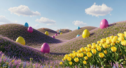 Colorful egg on gentle purple flower field, with yellow tulip in foreground under light blue sky, symbolizes spring celebration and vibrant nature