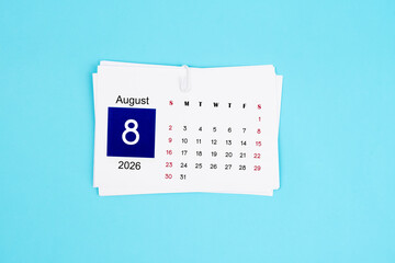 August Calendar 2026 page on blue background.