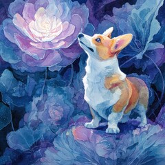 Dog gazing at large flower watercolor illustration with vibrant blue and purple tones