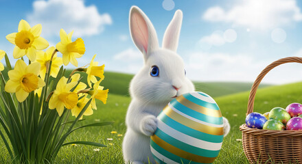 White rabbit hugging striped egg, yellow daffodil and basket full of Easter eggs on a green meadow against a blue sky, representing spring holiday