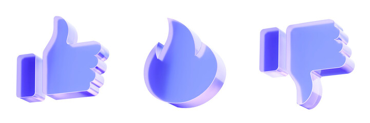 Set 3D Glass social reaction icon isolated on transparent background, concept of like dislike and user feedback. Transparent Liquid Glass icon. 3D rendering.