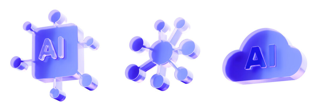 Set 3D Glass artificial intelligence brain technology icon isolated on transparent background, concept of neural network and machine learning. Transparent Liquid Glass icon. 3D rendering.