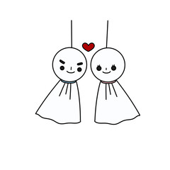 Two cartoon characters are holding hands and smiling