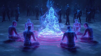 Digital meditation circle of figures with buddha sculpture abstract concept