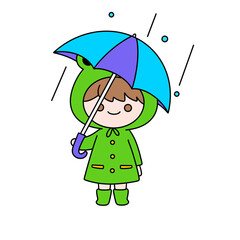 A girl in a green raincoat holding an umbrella
