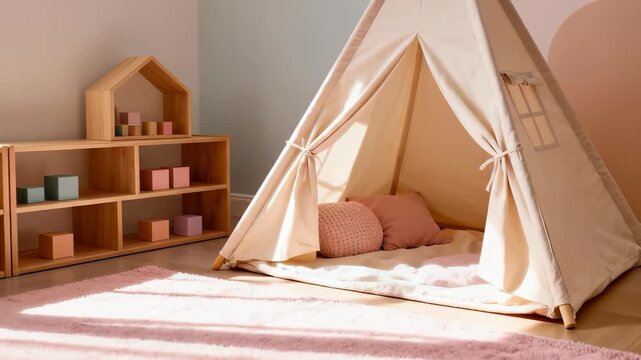 Cozy children playroom with wooden shelves, teepee tent, pink rug and bunting flags in soft natural sunlight
