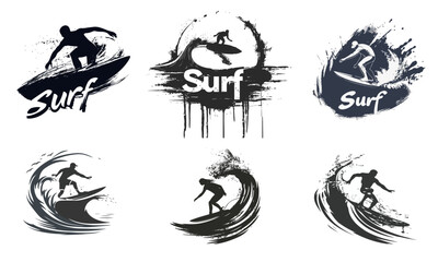 Colorful vector surf logo badges, dynamic ocean waves, surfer silhouettes, sunset and splash effects, vibrant color, perfect for t-shirt print, stickers and summer beach branding.
