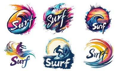 Colorful vector surf logo badges, dynamic ocean waves, surfer silhouettes, sunset and splash effects, vibrant color, perfect for t-shirt print, stickers and summer beach branding.