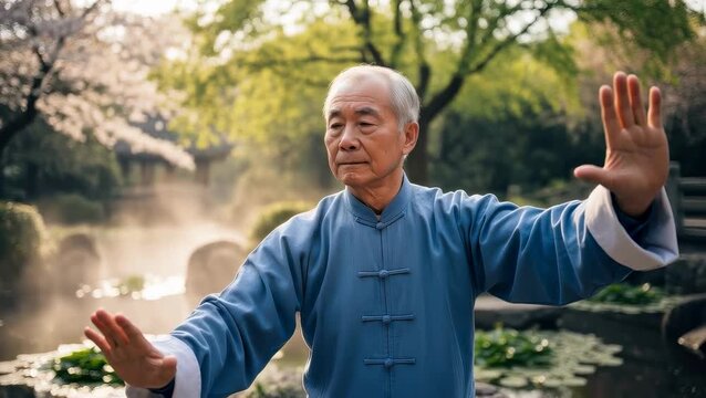 Elderly man practices tai chi in a garden with trees and water during morning hours