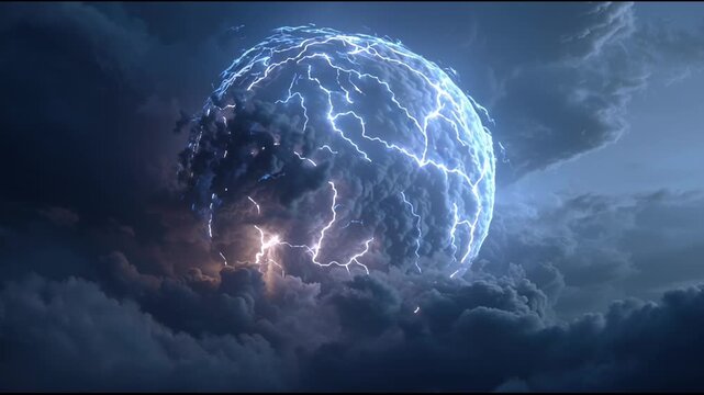 Rare ball lightning appearing during a thunderstorm with glowing electric sphere floating in dark stormy sky creating an intense and mysterious atmosphere