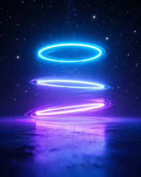 Abstract transhuman consciousness represented by glowing light rings in deep space