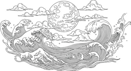 An intricate black and white illustration of a fantastical landscape