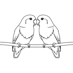 Minimal outline illustration of lovebirds facing each other on a branch