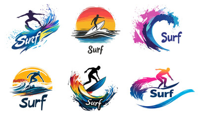 Colorful vector surf logo badges, dynamic ocean waves, surfer silhouettes, sunset and splash effects, vibrant color, perfect for t-shirt print, stickers and summer beach branding.
