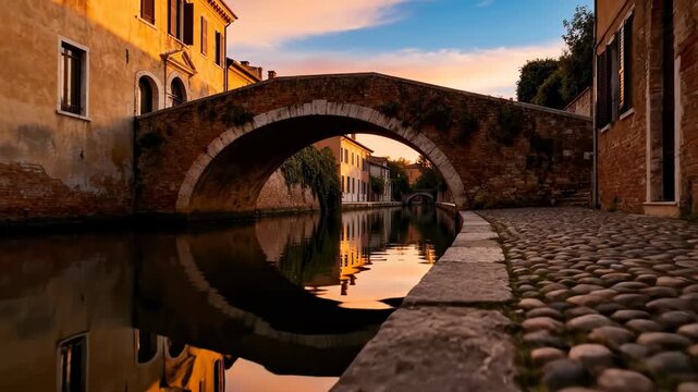 Scenic brick bridge over a calm canal in a historic European town at sunset with golden reflections on the water and a cobblestone path