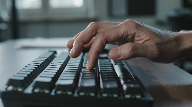 Close-up of adult hand typing on black computer keyboard at desk in home office with window light
