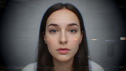 Young woman's face with digital glitch effect and scanlines, cybernetic surveillance concept