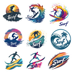 Colorful vector surf logo badges, dynamic ocean waves, surfer silhouettes, sunset and splash effects, vibrant color, perfect for t-shirt print, stickers and summer beach branding.