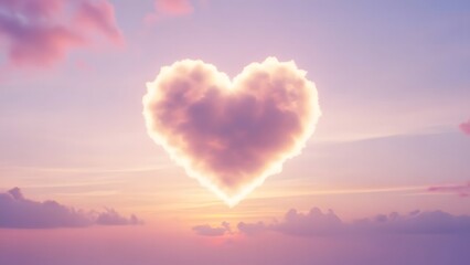 Heart-shaped cloud floating over pastel sunset sky, dreamy 3D render, soft lighting, conceptual love and romance illustration.