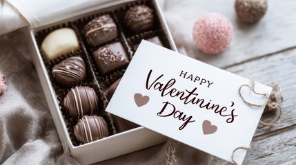 A box of assorted chocolates with a Happy Valentine's Day card and decorative balls