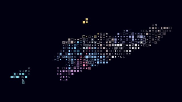 Timor-Leste animated country shape. Pulsating colored dots on the map of the country. Small size square blocks. Digital style Timor-Leste map on dark background. Stylish animation video.