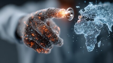 Digital hand touching glowing world map network connection technology global